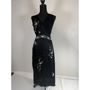 Nataya Black Dress Sz Medium Midi Floral Embroidered Whimsy Goth Women Fairy Y2K